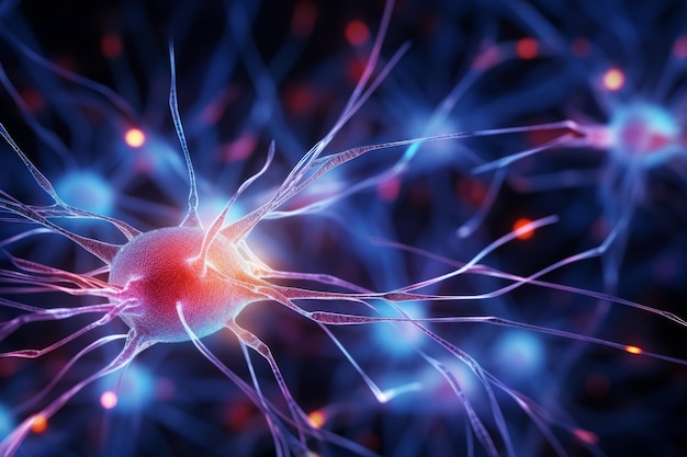 Яркая сеть нейронных синапсов, подсвеченная неоновым светом, — творение генеративного искусственного интеллекта