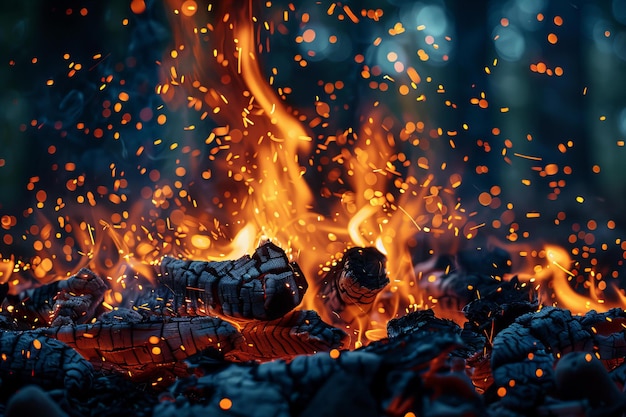 Vivid Nighttime Campfire with Glowing Sparks and Flames