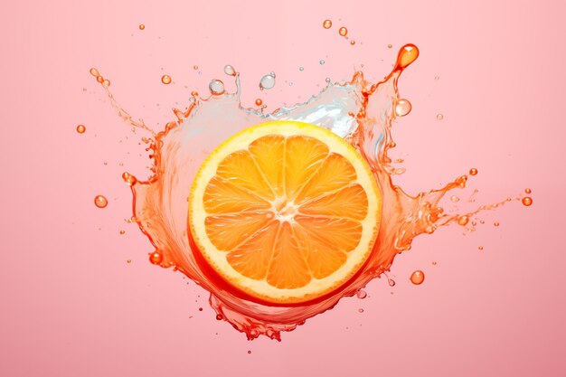 Vivid orange slice with a dynamic splash on a pink background