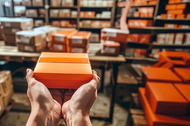 Фото Яркая упаковка две руки держат оранжевую закрытую коробку с другими коробками на заднем плане, создавая striki