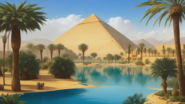 Vivid painting that juxtaposes the grandeur of the pyramids with the tranquility of an oasis in the