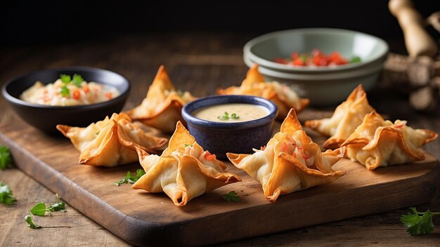 vivid picture of Crab Rangoon taking center stage on a wellworn wooden table explore the details of