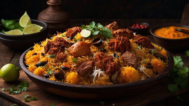 a vivid picture of the vibrant colors and textures of Hyderabad Biryani showcased on a weathered woo