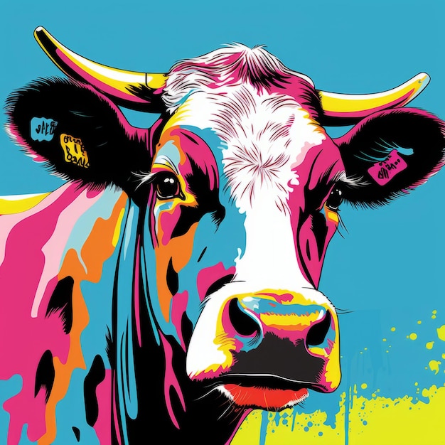 Vivid Popart Cow On Blue Background Ultra Detailed Tagging Art