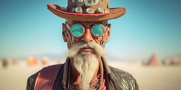 A vivid portrait of an eccentric Burning Man attendee an embodiment of creativity and liberated selfexpression amidst the festival ambiance AI Generative AI