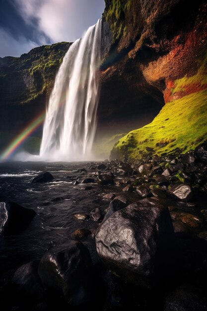 A vivid rainbow arching over a sunlit waterfall in a remote location