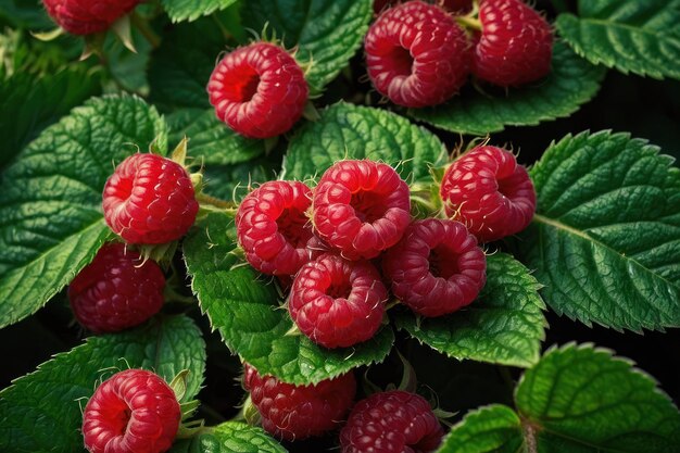 Vivid raspberries on lush green background