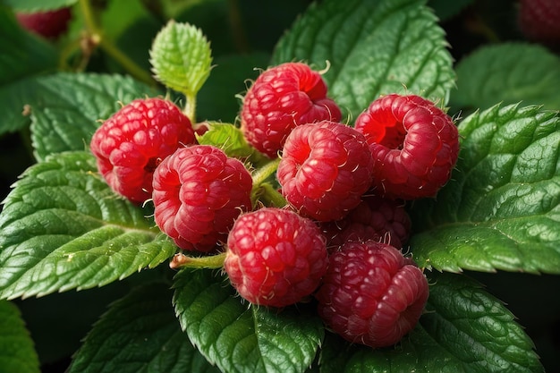 Vivid raspberries on lush green background