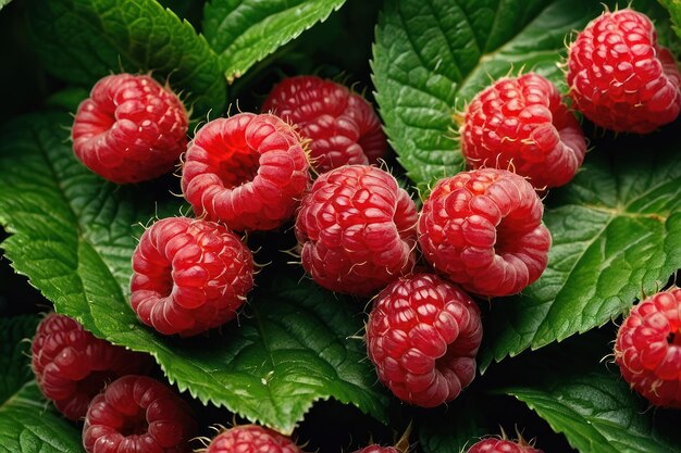 Vivid raspberries on lush green background