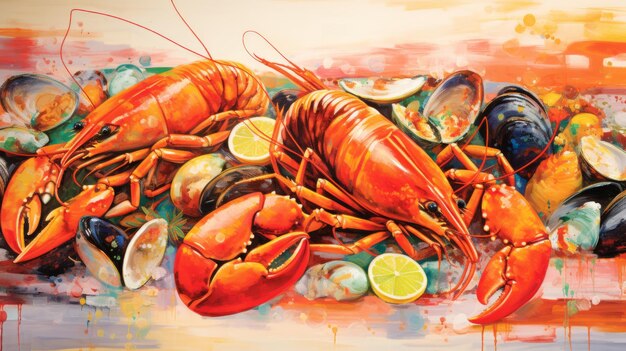 Photo vivid realism lobsters and shells in graphic illustration style