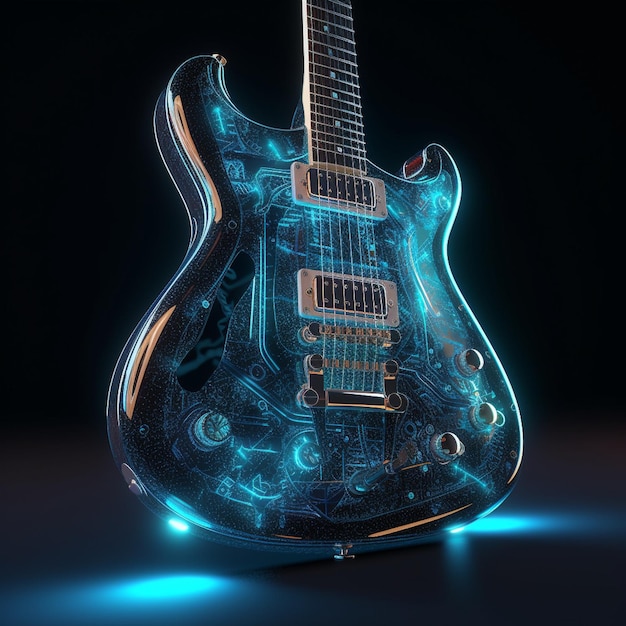 a vivid representation of a futuristic guitar with a translucent body echoing evolution