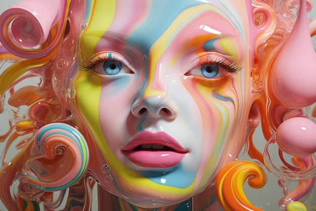 생생한 핑크 색상의 인간 얼굴의 생생한 환상 추상 3D 렌더링