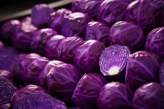 Photo vivid rows red cabbage laid out in super realistic 8k display