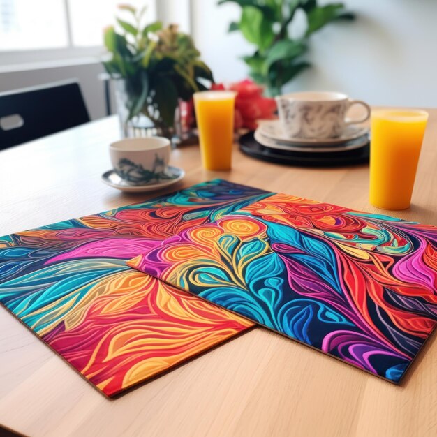 Яркие и насыщенные цвета ковриков на деревянном столе