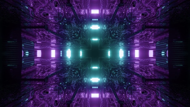 Vivid sci fi 3d illustration abstract art visual background of fantastic space travel tunnel with cross shaped neon lights in blue and purple colors