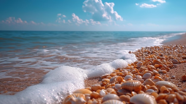 Photo a vivid shoreline abundant with seashells under the caress of ocean waves embodying the serene beau