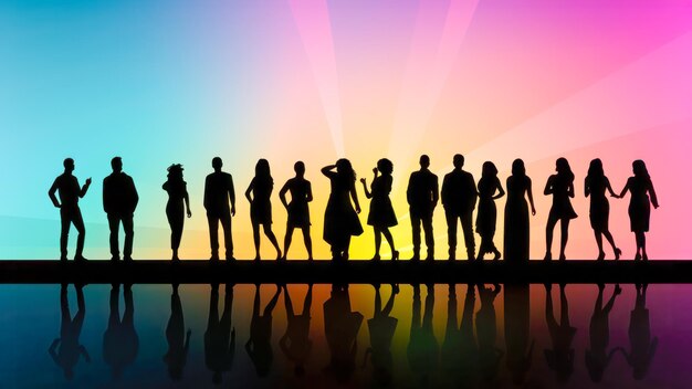 Photo vivid silhouette of diverse individuals stands against a radiant gradient backdrop