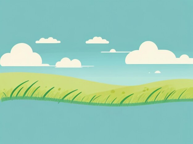 Photo vivid skies and lush meadows illustration of flat colored clouds and grass