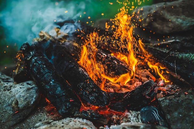 Vivid smoldered firewoods burned in fire close-up.