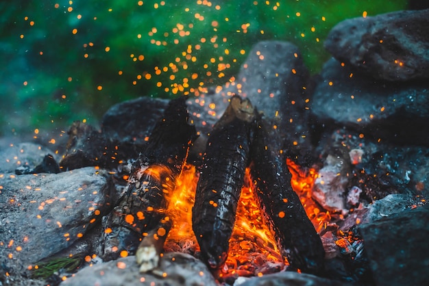 Vivid smoldered firewoods burned in fire