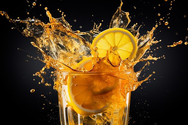 Vivid Splash of Yellow Energy Drink on Black Background