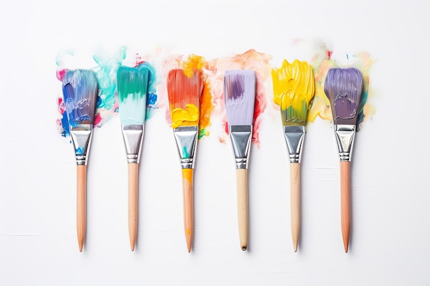 Vivid Strokes A Flat Lay of Colorful Paintbrushes on a White Canvas