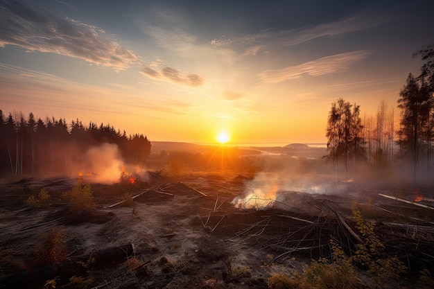 A vivid sunset over a clearcut forest with smoke rising from burning debris