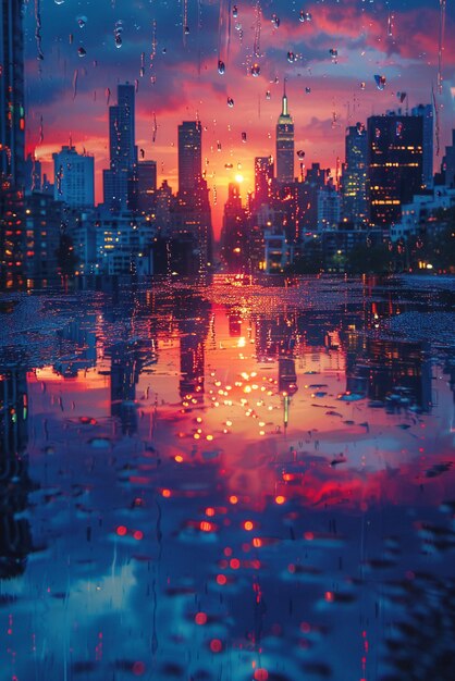 Photo vivid sunset reflecting on a cityscape