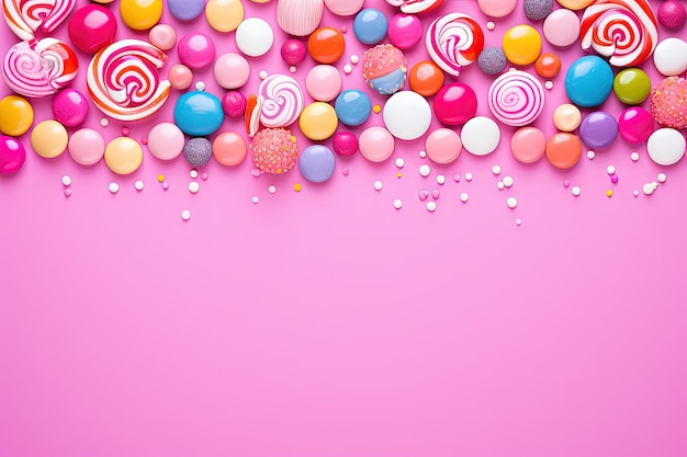 Vivid sweets on pink backdrop from above