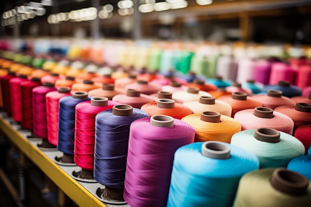 Vivid threads tightly wrapped on reels in a bustling textile factory