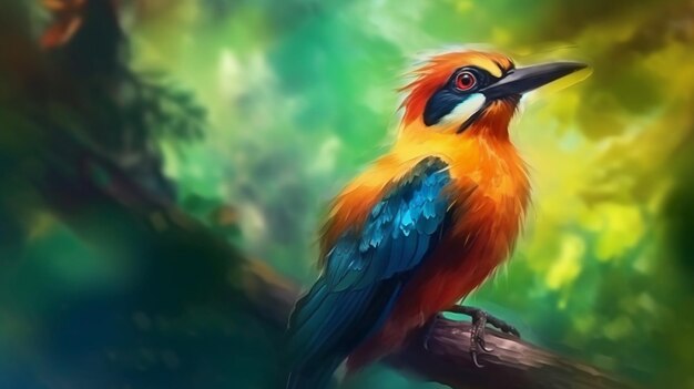 Vivid tropical bird in a closeup view with a blurred forest landscape as the background Digitally