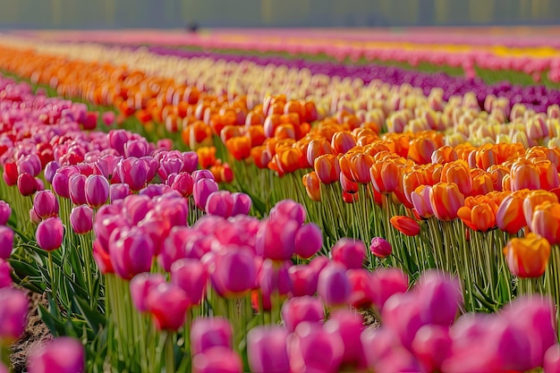 鮮やかなチューリップの花畑が満開の背景に