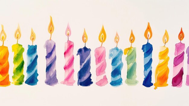 Photo vivid watercolor birthday candles lined up on a white canvas