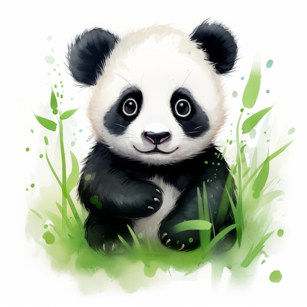 Vivid Watercolor Illustration Of A Little Panda In The Grass