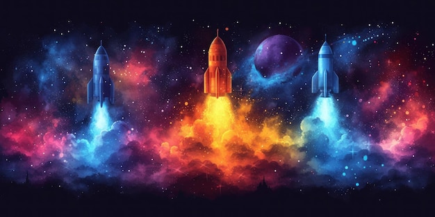 Photo vivid watercolor illustration of rockets launching into a starry space vista