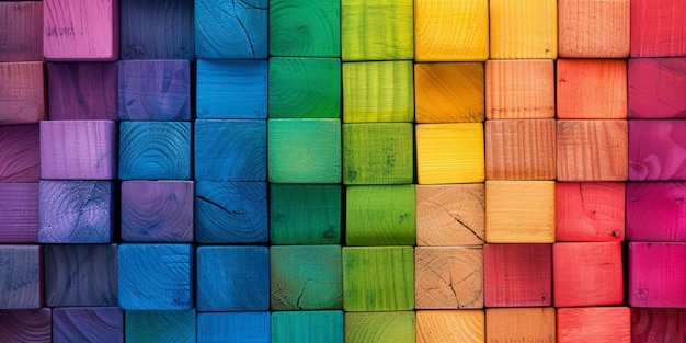 Photo vivid wooden blocks arranged in a rainbow spectrum dynamic backdrop celebrating diversity