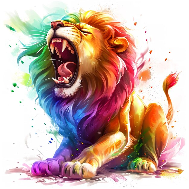 A vividly colored lion roars in this artwork showcasing a blend of bright colors