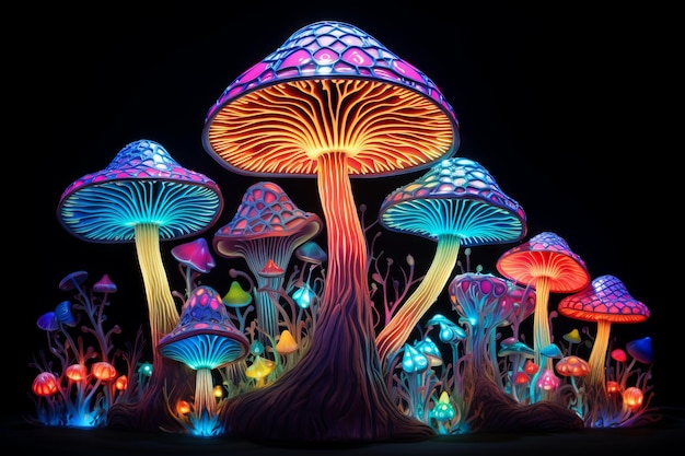 Vividly colored psychedelic mushrooms brought to life by Generative AI