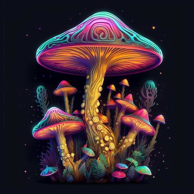 Vividly colored psychedelic mushrooms brought to life by Generative AI