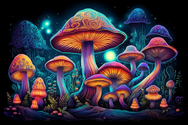 Vividly colored psychedelic mushrooms brought to life by Generative AI