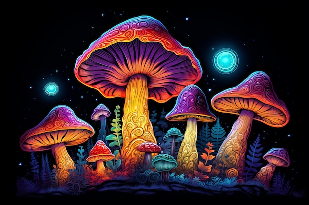 Vividly colored psychedelic mushrooms brought to life by Generative AI