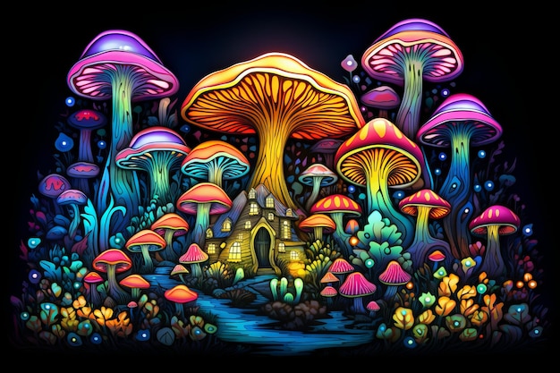 Vividly colored psychedelic mushrooms brought to life by Generative AI