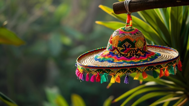 Vividly Decorated Mexican Sombrero with Tassels in Sunlight