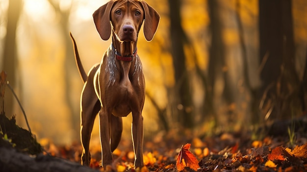 A Vizsla dog standing in a forest with fallen leaves