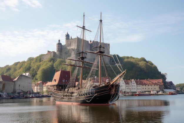 Vkingschip aangemeerd in de haven met uitzicht op het nabijgelegen dorp en het torenhoge kasteel