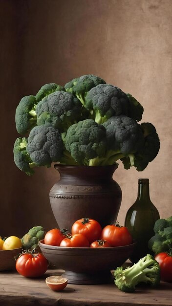 Vlaams stilleven op bruine achtergrond klei vaas broccoli tommatoes en rijp op tafel