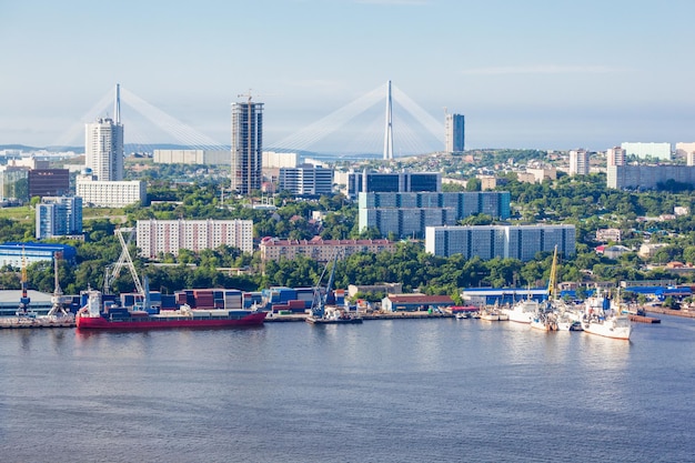 Vladivostok city aerial panoramic view, primorsky krai in\
russia. vladivostok is located at the head of the golden horn\
bay.