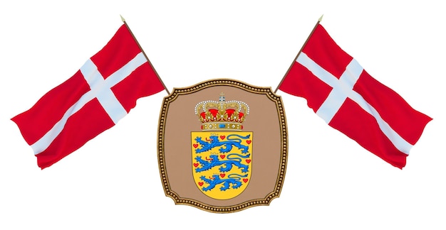 Vlag en het wapen van Denemarken Achtergrond voor redacteuren en ontwerpers Nationale feestdag 3D illustratie