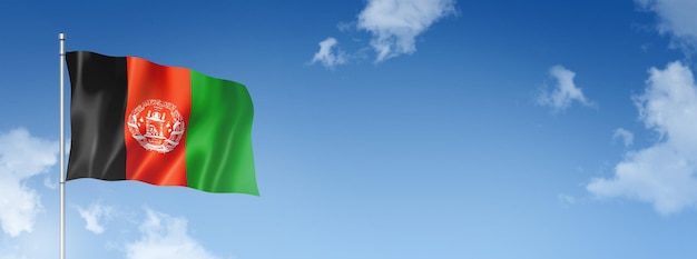 Vlag van Afghanistan driedimensionaal render geïsoleerd op een blauwe hemel Horizontale banner 3D illustratie
