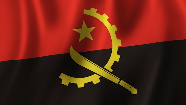 Foto vlag van angola zwaaien close-up 3d-rendering met afbeelding van hoge kwaliteit met stof textuur